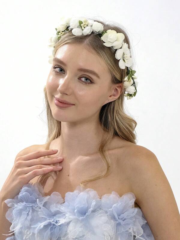 1 pieza Diadema con corona de flores de tela estilo europeo y americano, accesorios para el cabello para novia, boda, playa y sesión de fotos con cinta