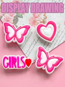 20 pièces de la série "Monde rose", accessoires de chaussures en PVC avec le rose comme couleur principale, avec des éléments tels que des cœurs, des papillons, des glaces, des fraises et des appareil photo, ainsi que des styles de texte "GIRLS". Les couleurs sont douces et sucrées, le style est mignon et ludique, convient pour la décoration de chaussures, transmettant un cœur de fille et une atmosphère romantique.