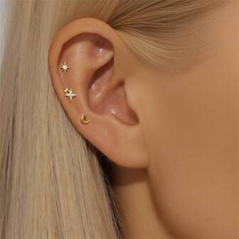 3 Pcs CZ Star Moon Tragus Helix Stud Earrings Set For Women, 14K Gold Plated Round Zirconia Ear Piercing Hypoallergenic Push Back Body Jewelry For Multiple Piercing