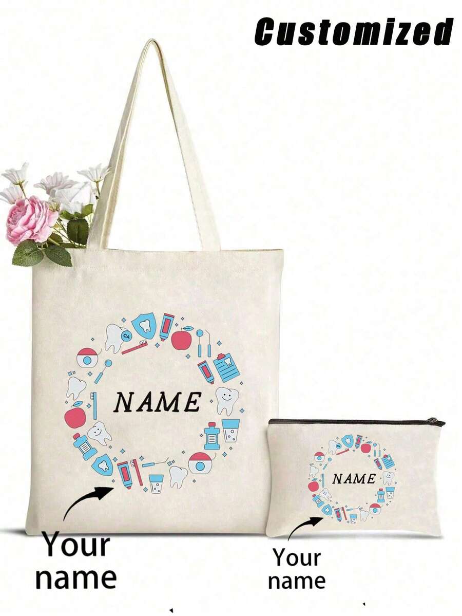 定制牙齿印花化妆包、牙齿主题手提包和化妆包套装、女士伴娘个性化婚礼礼品包、个性化字母印花手提包配化妆包、海滩度假风格卡片套装字母购物袋 - 彩色 - 查看 1