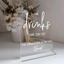 2D Printed Wedding Bar Logo With Stand 8*10INCH- " THE DRINKS ARE ON US, THE HANGOVER IS ON YOU, Cheers" - Modern Acrylic Decoration, Suitable For Wedding Reception, Ceremony, Bride Gift Table, No Need For Electricity, Desktop Installation, Wedding Reception Decoration | Modern Wedding Decoration | Acrylic Logo, Wedding Decoration