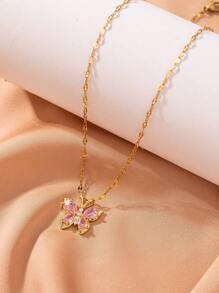 1 pièce Collier de femme rose élégant et doux en forme de papillon avec cubic zirconia cubique, convient pour les fêtes, la décoration quotidienne, cadeau de bijoux parfait pour la famille et les amis