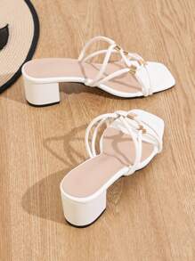 Women's Elegant High Heel Slip-On Sandals, Metal Buckle Thick Heel Fashion Hollow High Heeled Sandals For Outdoor Wear