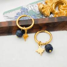 1 对 18K 镀金不锈钢波西米亚风格海滩圈形耳环，带天然石八角星吊坠，独特设计