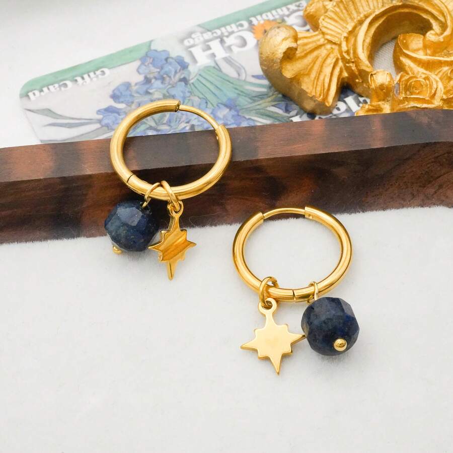 1 对 18K 镀金不锈钢波西米亚风格海滩圈形耳环，带天然石八角星吊坠，独特设计