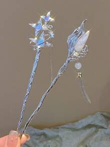 2 件装女士合金星星水钻仿珍珠流苏发夹复古独特设计厚发髻装饰优雅复古中式现代发夹适用于日常、派对、约会装扮、发髻延长、发髻发片、发髻制作器、发型夹、发夹、发饰、学校用品、仿珍珠发饰