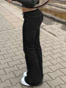 MYOURSA Low Rise Y2k Stretchy Bootcut Flare Leg Jeans,Black - Black - View 2