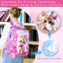 3PCS Backpacks For Girls, 16" Elementary Kids Cute Cat Backpack Preschool School Bookbags And Lunch Box