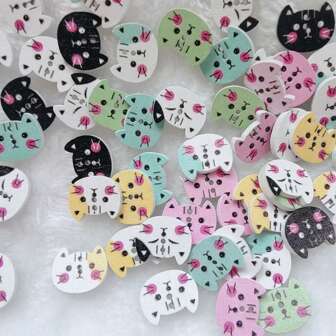 50 piezas de botones de madera en forma de gato de colores mixtos - con dos agujeros, adecuados para ropa, costura, scrapbooking - accesorios de manualidades DIY