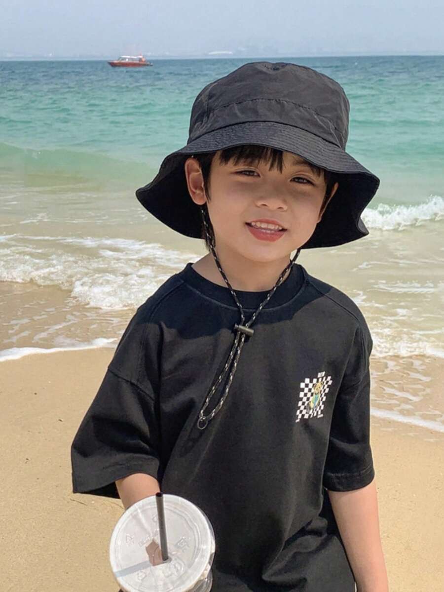 1 peça chapéu de sol tipo balde para crianças pequenas/grandes, tecido de secagem rápida, boné esportivo para atividades ao ar livre, primavera/verão, para caminhadas, acampamento, com cordão ajustável, preto, portátil para escola, atividades ao ar livre - Preto - Ver 1