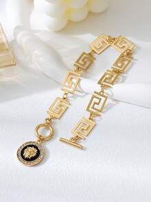 1pc Retro Zinc Alloy Geometric Pattern Rhinestone Inlaid Lion Head Pendant, Suitable For Women Anklet, Bracelet, Necklace, Earrings, Casual Beach Holiday Wear - Yellow Gold - View 6