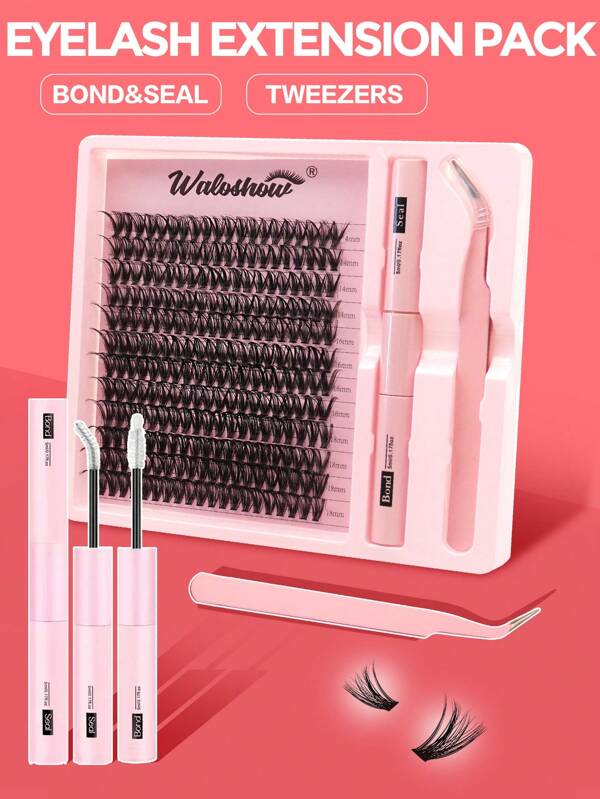 Waloshow Rizador de pestañas Sanishi, set de 200 pestañas postizas individuales con rizado D de 10-16mm de longitud, rizador de pestañas con tallo delgado y grueso, con aplicador, pegamento y sellador para extensión de pestañas, kit de rizador de pestañas