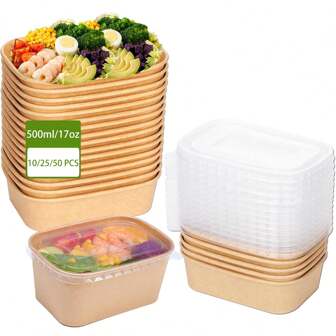 500ml/17oz Disposable Kraft Paper Bowls With Lids, Rectangle Food Containers Soup Bowls Party Supplies Treat Bowls 10/25/50 Pcs
