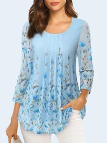 CheersLife Damen Tunika Oberteil mit 3/4 Ärmeln, lässig, lose Passform, Blumen Bluse, Mesh Plissee Layering Shirt