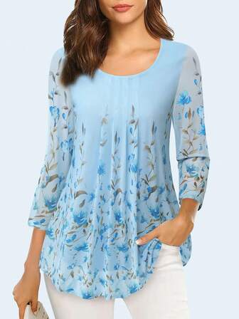 CheersLife 여성용 3/4 소매 넥타이 허리 탑, 캐주얼 루즈 프린트 블라우스, 레이어드 러플 메쉬 셔츠