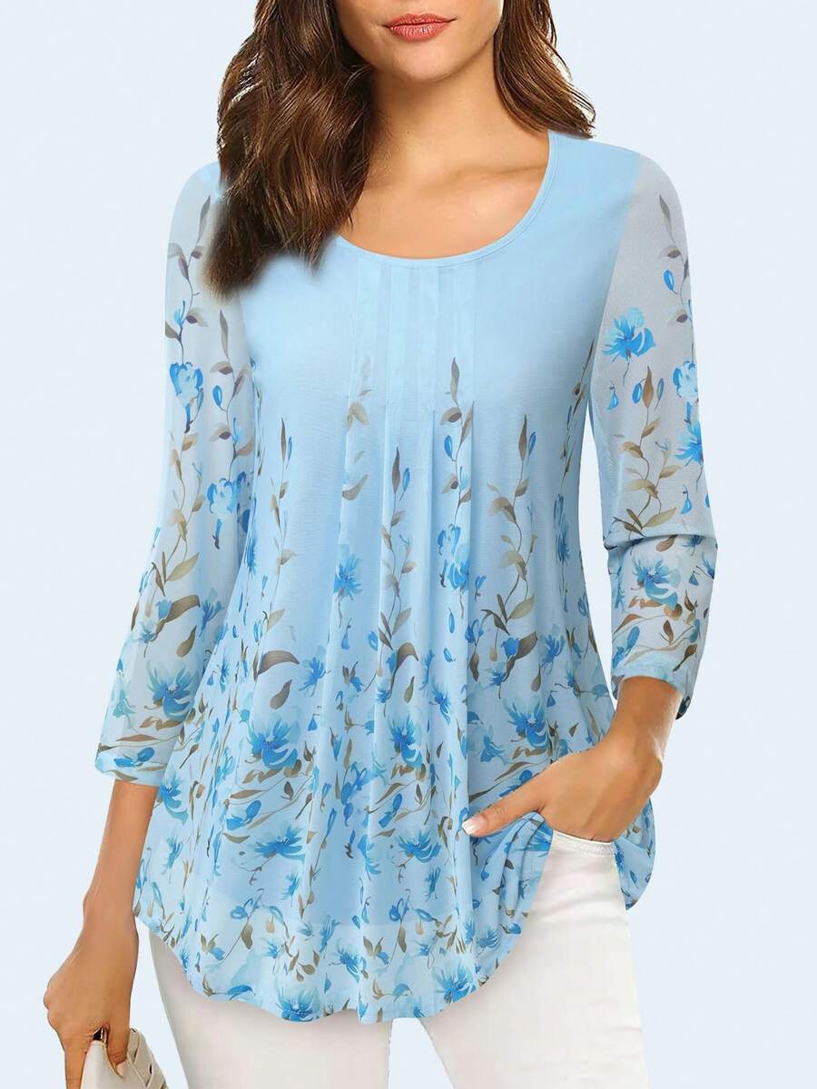 CheersLife Damen Tunika Oberteil mit 3/4 Ärmeln, lässig, lose Passform, Blumen Bluse, Mesh Plissee Layering Shirt