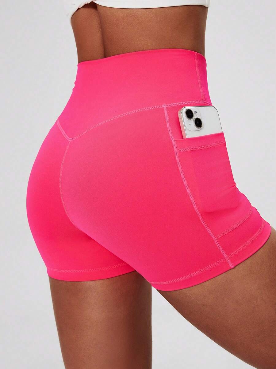 Letter Pattern High Waist Yoga Shorts With Pocket, High Stretch Butt Lifting Sports Running Workout Shorts, Women'S Activewear - Pink - View 1