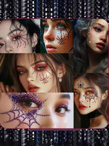 1 Peça Decoração de Rosto de Halloween Adesivo de Teia de Aranha Gótica para Festa, Maquiagem e Cosplay, Gemas de Rosto com Glitter Preto e Roxo