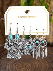 TopHanqi 3 Paar modische Ohrringe Set für Damen, vintage silberne Türkis-Hängeohrringe, einzigartige geometrische runde und Blumen-Statement-Ohrringe, für den Alltag, Partys, als Geschenk, für alle Jahreszeiten