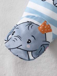 Crown Elephant Baby Four-Piece Set: Cartoon Print Jumpsuit + Striped Pants + Matching Hat And Socks - Fresh And Cute Outfit - 灰色 - 查看 9