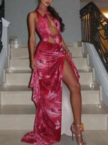 Hot Girl Irregular Hollow Print High Split Sexy Maxi Dress