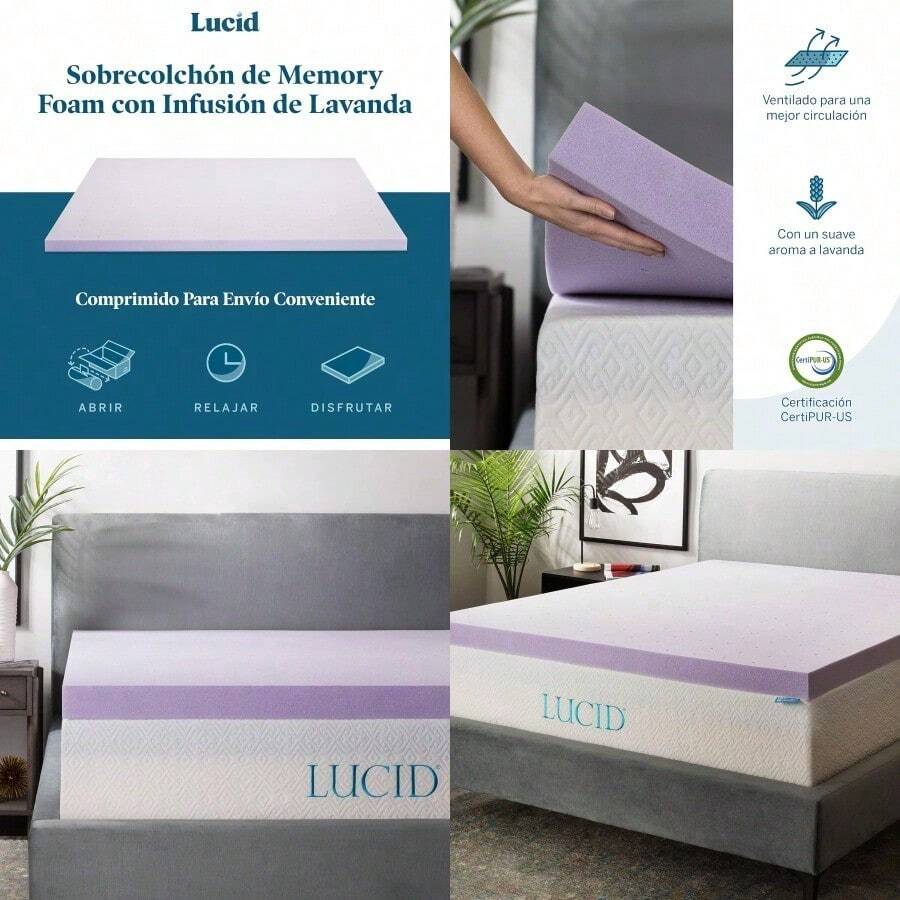 Lucid Colchoneta de Memory Foam con Infusion de Lavanda Sobrecolchon Ventilado de 7.5 cm Topper para Colchon Refrescante Sensacion Suave y Acolchada Alivia Puntos de Presion Queen - Lavanda - Ver 1