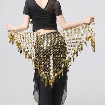 1 st extra stor magdans höftsjal med paljetter mesh triangel midjeomslag kjol för kvinnor bohemiska danstillbehör (flerfärgad, justerbar) magdans höftsjal paljetter midjeomslag justerbar meshkjol för kvinnor, festivalaccessoarer