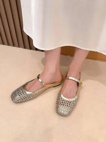 Xin Jing Shoes 2025 秋季女士编织镂空系带平底休闲鞋，隐形坡跟，百搭通勤友好，穆勒鞋 - 金色 - 查看 9