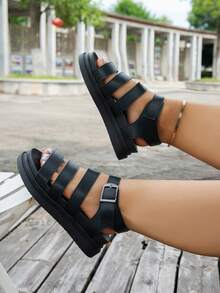 Women's Minimalist Thick Sole Sandals With Strap Square Buckle, Plus Size Mom Casual Sandals, Student Soft Sole Comfortable Platform Design Open Toe Flat Shoes, Summer Retro Elegant Versatile Casual Beach Comfortable Sporty Workwear Style Fashion Outing - Black - View 5