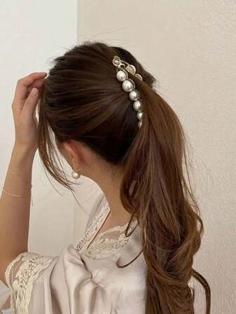 1 件仿珍珠装饰马尾香蕉形发夹，适合女士垂直夹马尾发夹，简约风格发饰，送礼、学校用品的理想选择