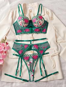 Bộ 4 áo ngực nữ gợi cảm, cổ điển, thêu hoa lưới, quyến rũ, thân thiện với da, món quà lãng mạn cho Ngày Valentine, Năm mới, phòng ngủ. - màu xanh lá - Xem 3