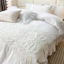 Lovely Bow Chic Duvet Cover Set - Ruffle Lace Polyester Comforter Cover - French Princess Style Bedding - 2 Piece Twin Duvet Cover With Zipper Close - No Comforter - White, Twin Size, Bedroom Decor - 白色 - 查看 1