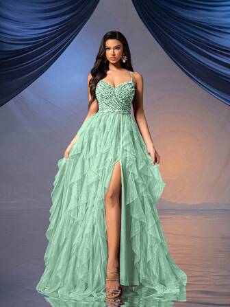 QOQ Fairy Style Women Formal Dress Romantic Evening Gown For Wedding Events, Cocktail Party, Charity Balls Backless Sequined Mesh Dress Ballgown