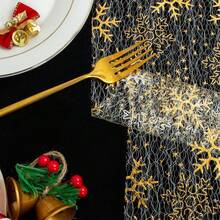 1pc 11"X108" Gold Christmas Sheer Mesh Snowflake Patterned Table Runner, Winter Snowflake Design Table Runner Suitable For Wedding Decoration, Christmas, Kitchen Dining Table, Dinner Table Linen, Christmas Dinner Table Decor - الذهبي - مشاهدة 4