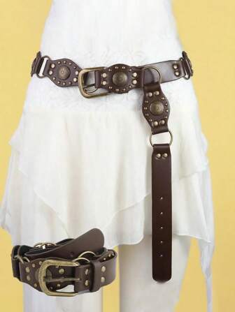 1 st kurvigt bälte för kvinnor, punkigt Y2K-bälte i lantlig stil med brett läder, lämpligt för sommarklänningar, kaffefärgat PU-material, västerländskt spänne i midjebälte