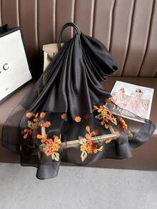 1 pezzo Sciarpa di seta elegante da donna con motivo traforato, perle finte e reticolare, sciarpa rossa tinta unita con fiore, sciarpa casual per la testa e il collo, adatta per l'uso quotidiano in autunno e inverno come accessorio