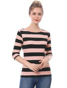 Women's Summer Slim Fit Half-Length Sleeves Elbow Sleeve Striped Boat Neck T-Shirt
