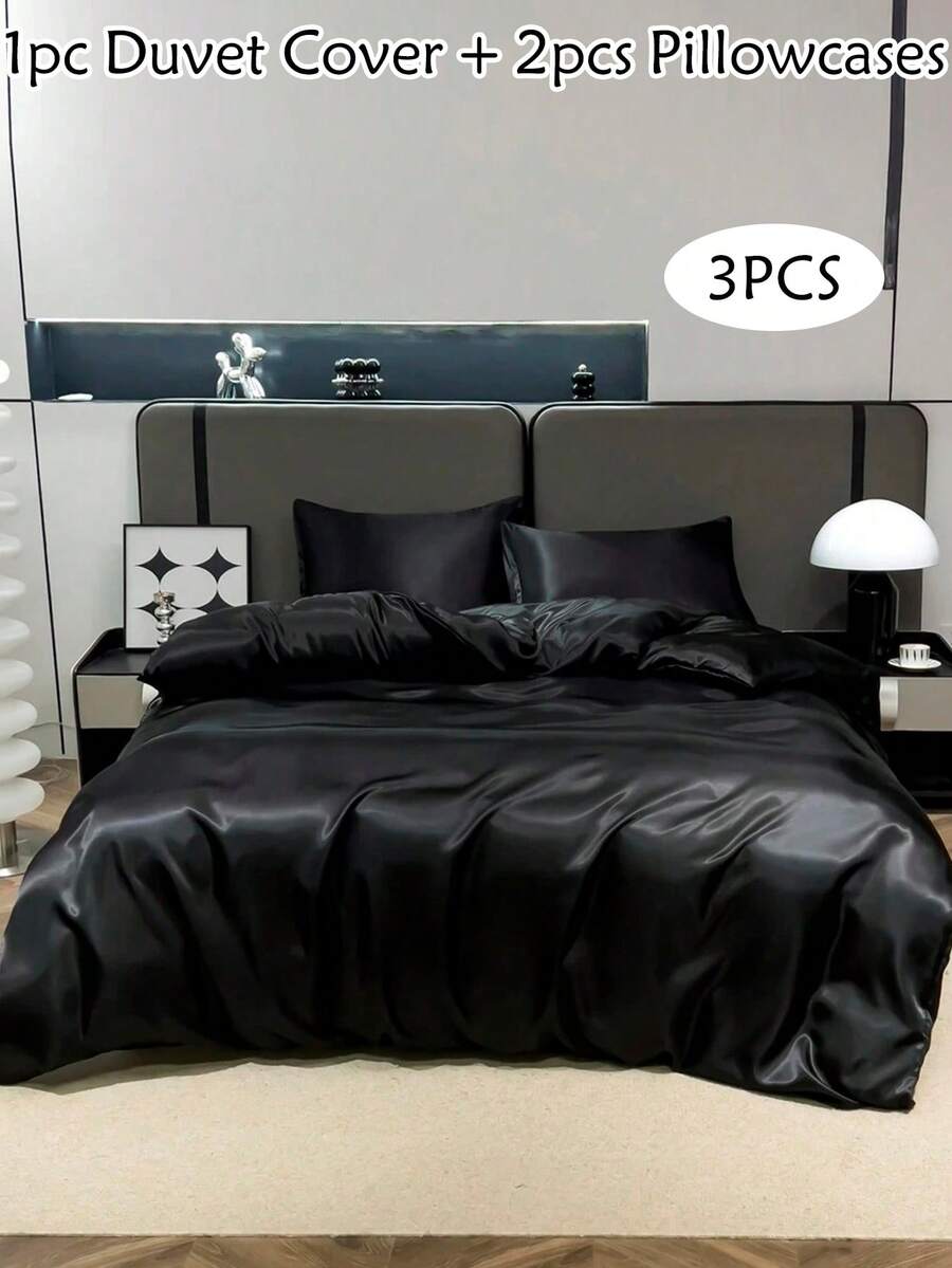 3 件套黑色缎面羽绒被套，现代丝滑奢华四季床上用品套装，柔软透气，可机洗（1 个羽绒被套 + 2 个枕套） - 黑色 - 查看 1