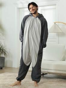 Men Funny Animal Salamander Zipper One-Piece Jumpsuit Pajamas With Pockets And Hood, Machine Washable, Perfect For Christmas Or Casual Home Wear, Unisex New Style Outerwear Newt Pajamas, Fall, Winter - Dark Grey - View 3