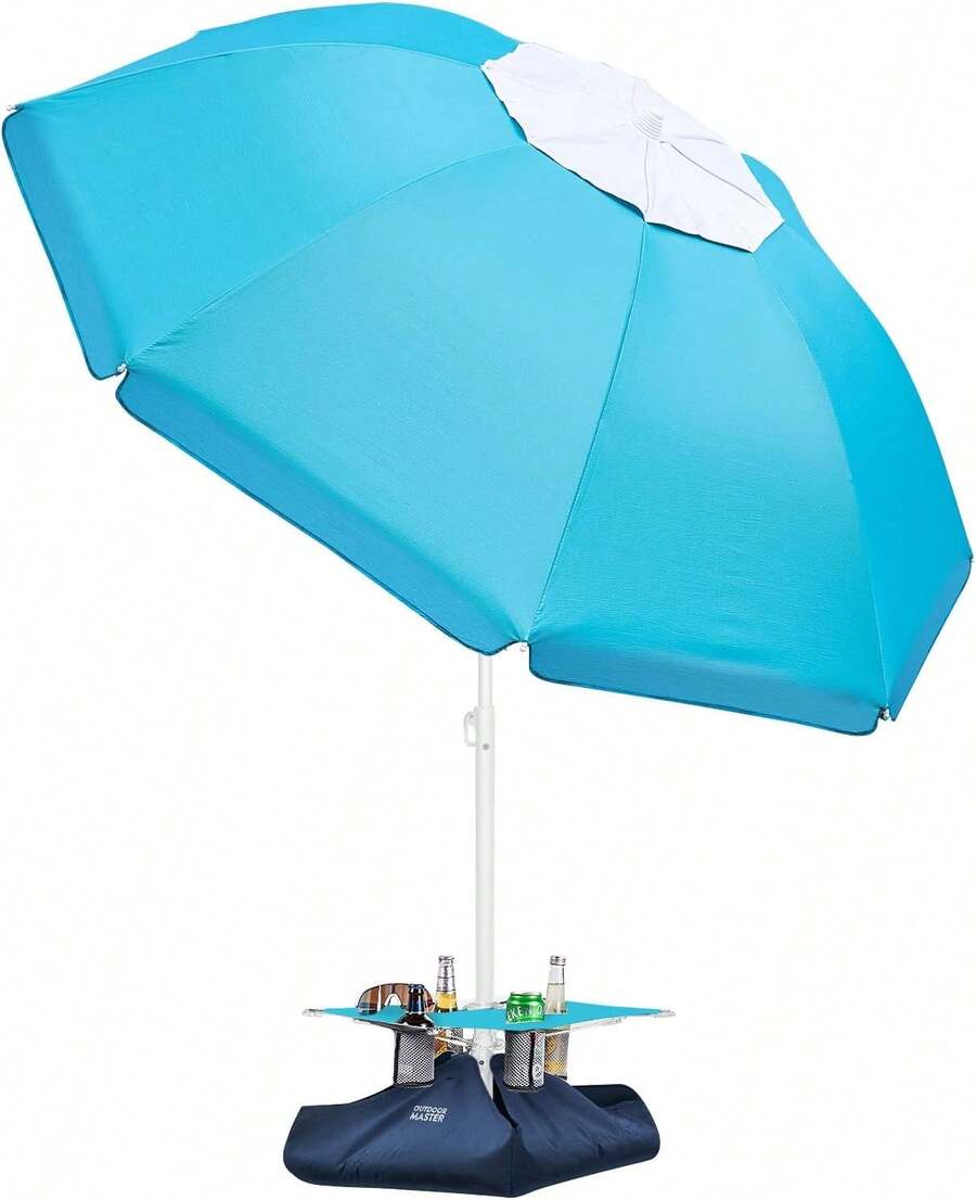 Beach Umbrella With Sand Bag And Cup Holder - 6.5ft Beach Umbrella With Sand Anchor, UPF 50+ PU Coating With Carry Bag For Patio And Outdoor - New Turquoise With Cup Holder - 香檳色 - 查看 1
