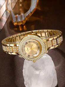1pc Fashionable Luxury Full Crystal Rhinestone Round Dial Ladies Quartz Watch, Multi-Function Steel Strap, Suitable For Holidays, Parties, Weddings, Back To School, Christmas, Thanksgiving, Halloween, Easter And Other Occasions As Gift - Gold - View 5