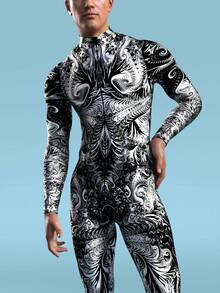 Black And White Dark Flower Men's Digital Printing Swimming And Fitness Sportswear Halloween Party Role-Playing Costumes Holiday Performance Costumes, Carnival Costumes - 黑色 - 查看 2