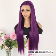 28 Inch Lace Front Halloween Wigs For Women Pre Plucked Hair-Line Dark Purple Color Free Part Hair Long Straight Glueless Synthetic Lace Front Wigs For Daily Party Cosplay Use - Màu tím - Xem 8
