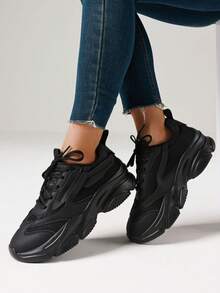 Women's Breathable Flat Sneakers Fashion Chunky Lace-Up Casual Comfortable Platform Sneakers Workout Sport Running Walking Tennis Shoes - màu đen - Xem 1