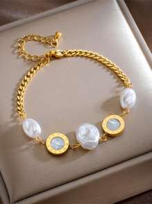1 pulseira de aço inoxidável com algarismos romanos e pérolas, design elegante e minimalista, adequada para presentear e uso diário para mulheres