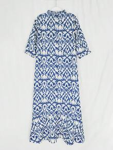 Jisfaneya Off-Center Print Bohemian-Style Woven Fabric Blue Maxi Dress: Casual Spring/Summer Dress For Vacation And Everyday Wear Elegant - Blue - View 3