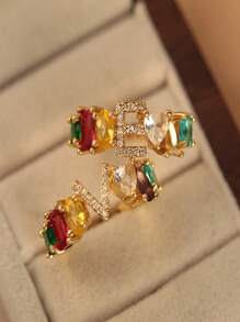 Bague ouverte en cuivre sertie de zircones de couleur aléatoire, simple et à la mode, 1 pièce – AZ 26 lettres anglaises – Bague ouverte pour femme, bague minimaliste