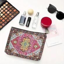 1pc Retro Bohemian Print Canvas Makeup Bag, Toiletry Wash Organizer Pouch & Gift Bag, Travel Storage Bag & Coin Purse, Lightweight, Foldable, Zippered, Machine Washable For Travel, Gym, Camping, Business Or Home Use, Chic Accessory, Perfect Gift For Women, Teachers, And Friends