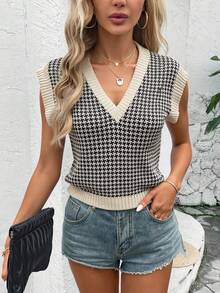 Chaleco tejido mujer juvenil pata gallo escote v ajuste cómodo estilo vintage elegante femenino otoño primavera moderno - Beis - Ver 1