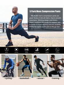 TELALEO 4 Packs Men's Thermal Compression Pants Fleece Lined Sports Tights Athletic Leggings Cold Weather Baselayer Winter Gear - 黑色 - 查看 7